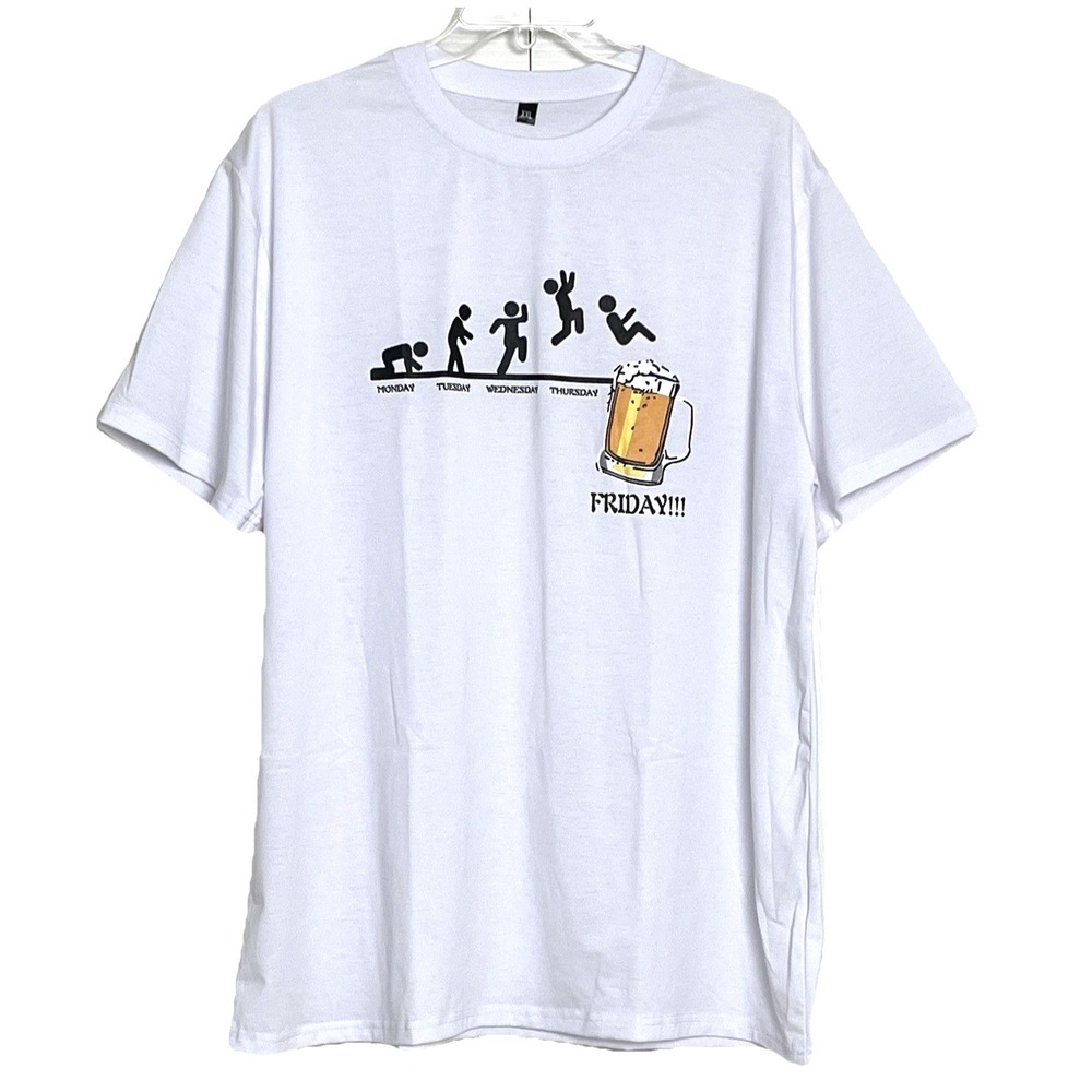 Funny Friday Beer T-Shirt Unisex XXL White Graphic‎ Print Stretch Novelty Tee